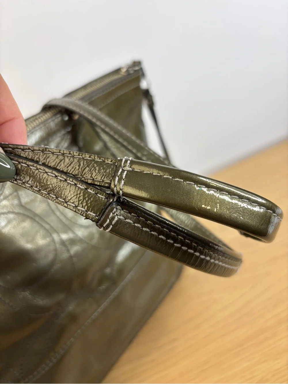 Coach‎ Signature Stripe Stitched Patent Leather Tote Olive Green 15142